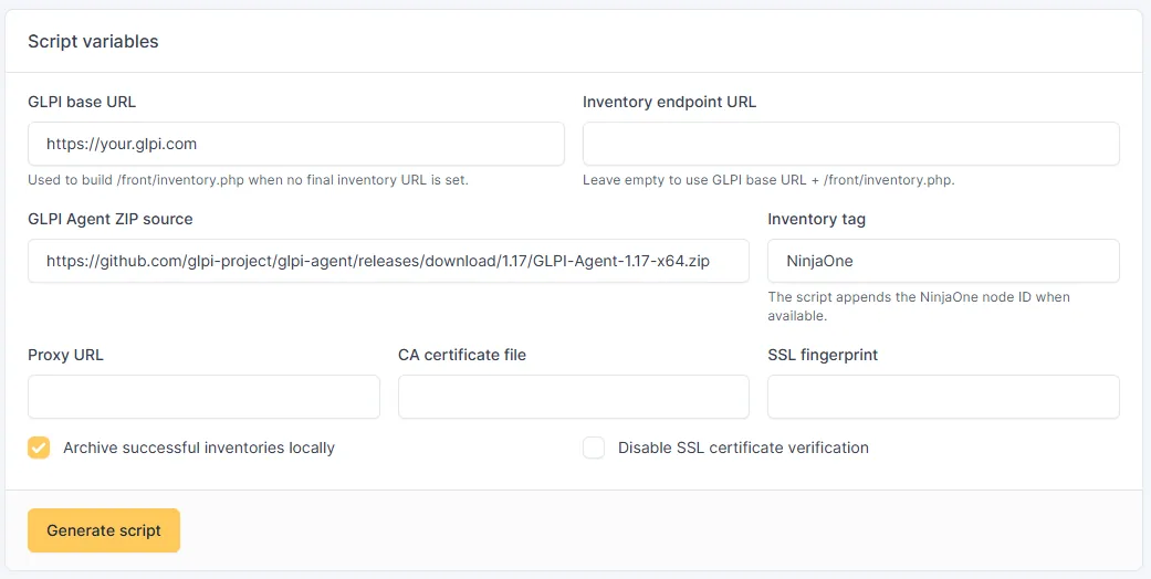 Générateur de script PowerShell pour GLPI Agent portable via NinjaOne