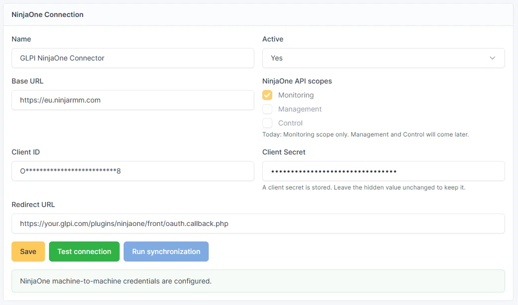 Configuration de la connexion NinjaOne dans GLPI