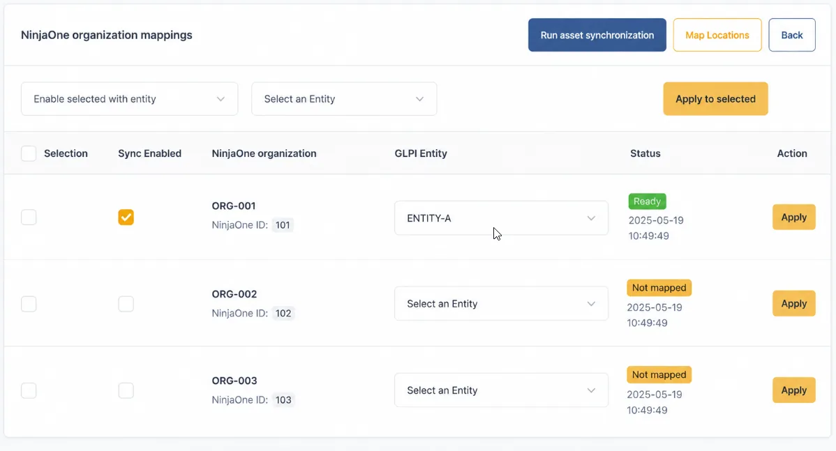 Mapping multi-organisations NinjaOne vers GLPI