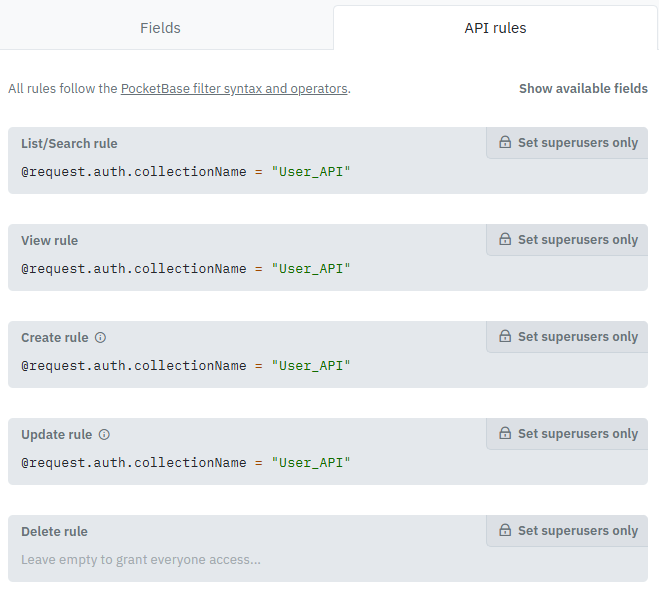 Règles API d’une collection PocketBase